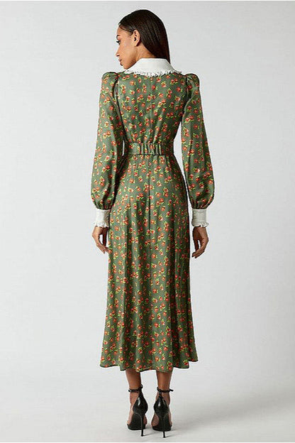 Collar Waist Cinched Stylish Floral Dress