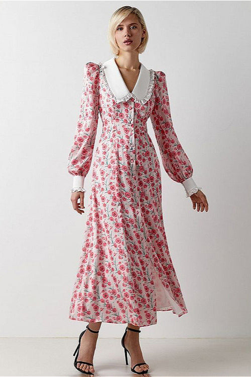 Collar Waist Cinched Stylish Floral Dress