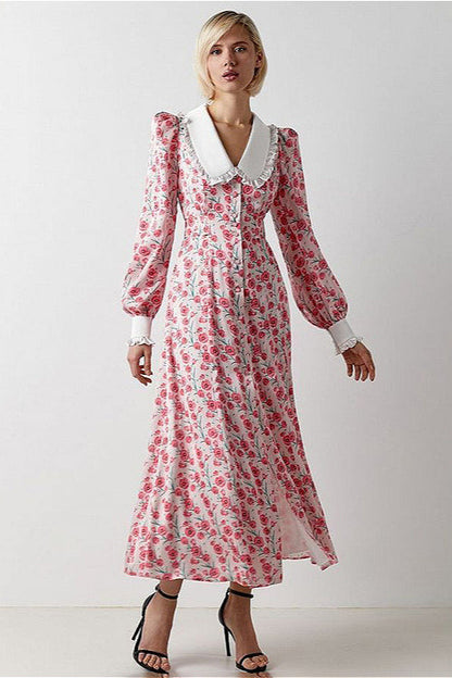 Collar Waist Cinched Stylish Floral Dress