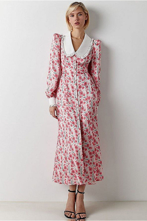 Collar Waist Cinched Stylish Floral Dress