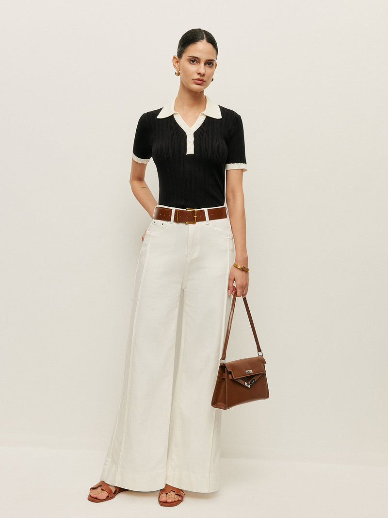 Collared Button Detail Ribbed Knit Top Knit Tops