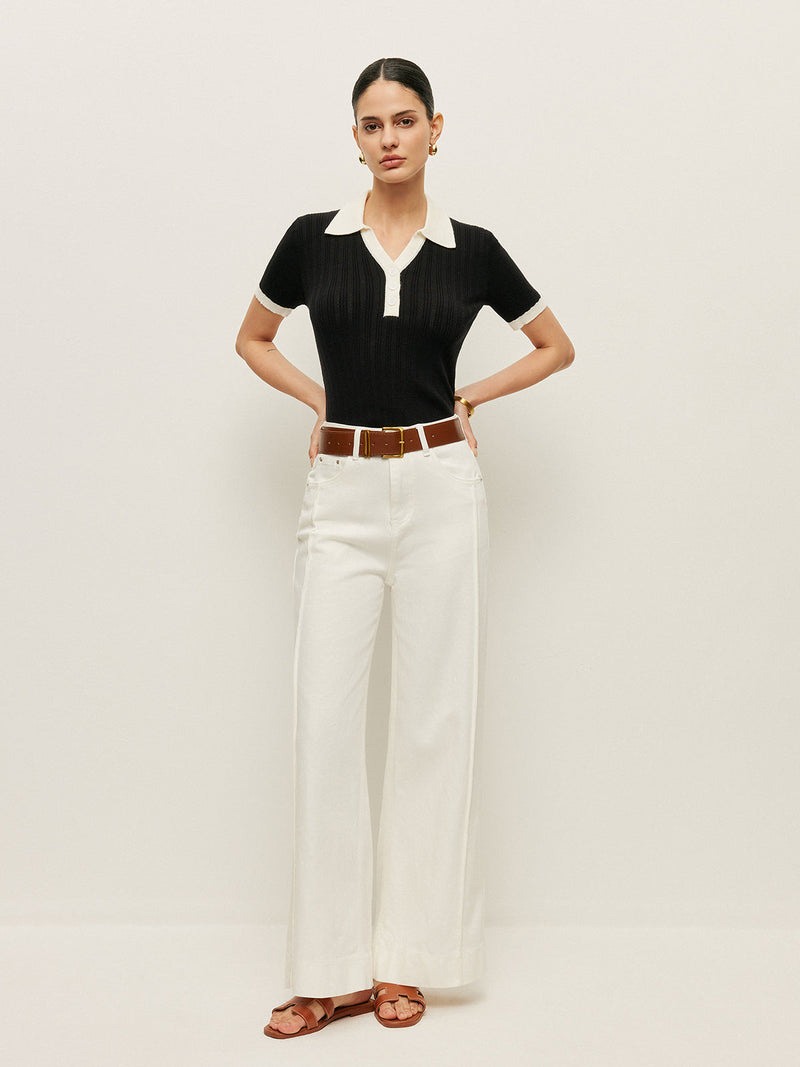 Collared Button Detail Ribbed Knit Top Knit Tops