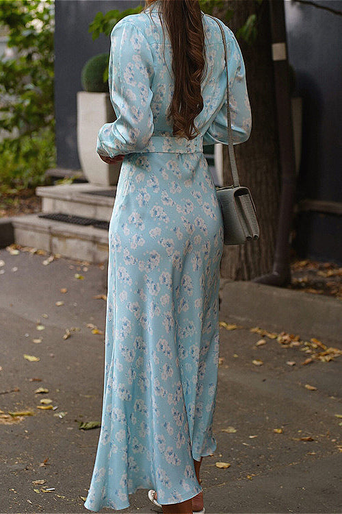 Collared Long Sleeve Satin High Waist Floral Dress