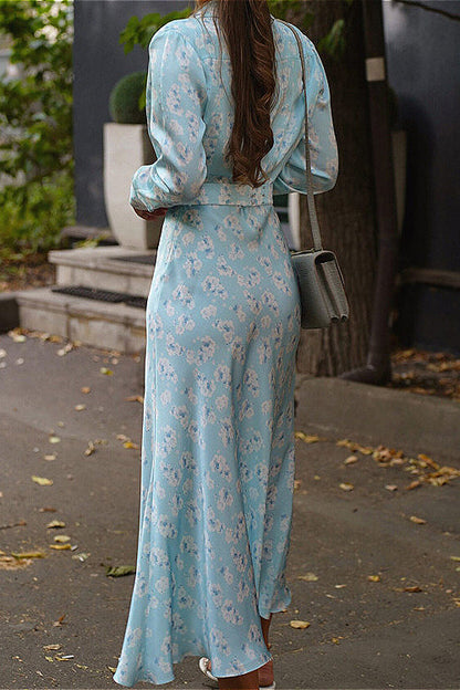Collared Long Sleeve Satin High Waist Floral Dress