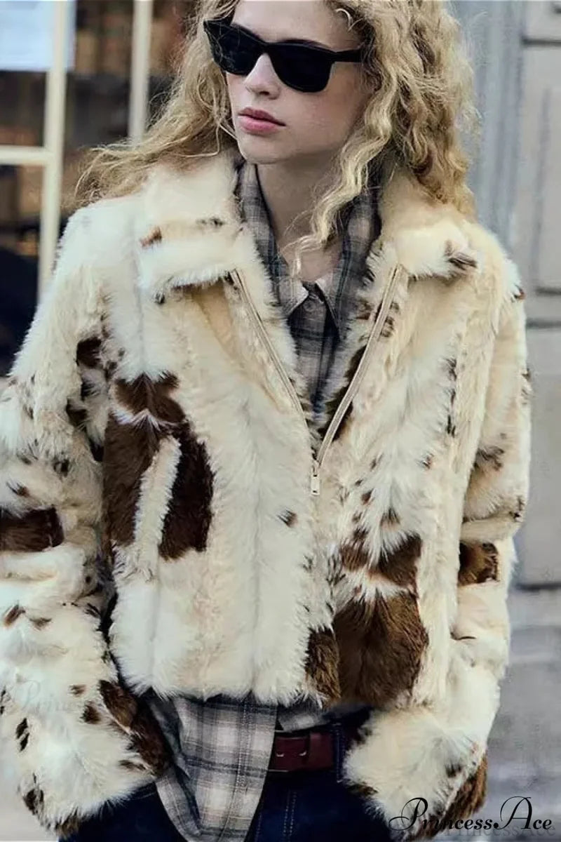 Collared Printed Faux Fur Short Coat Brown / XS