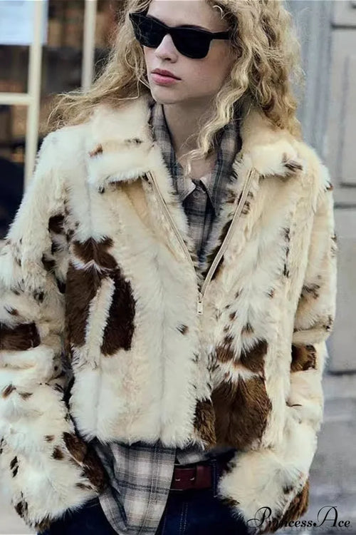 Collared Printed Faux Fur Short Coat Brown / XS