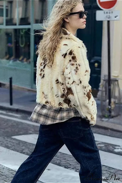 Collared Printed Faux Fur Short Coat