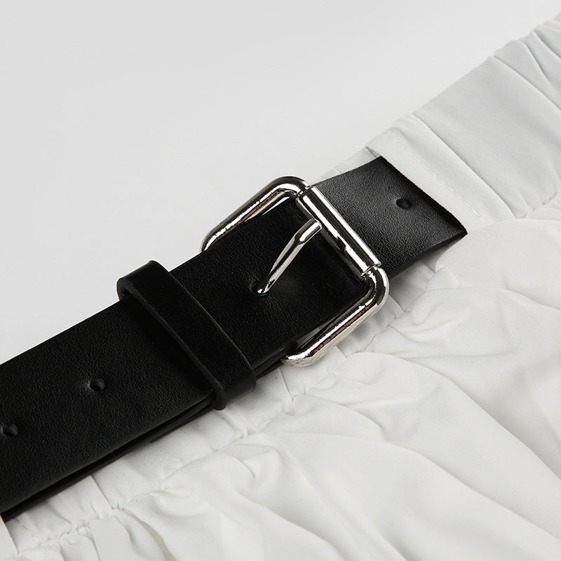 Color Block Low Waist Belt Ruffle A Line Mini Skirt
