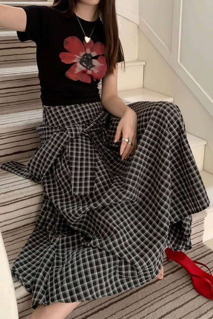 Color Block Plaid Tie Side Zip Loose Skirt