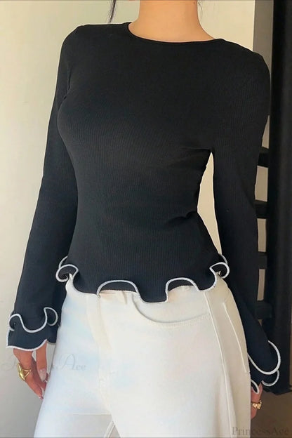 Color Block Ruffle Trim Slim Crew Neck Long Sleeve Tee