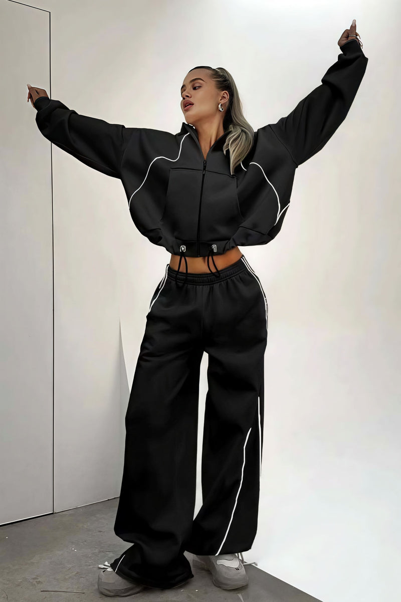 Color Block Striped Hooded Zipper Loose Two Piece Set