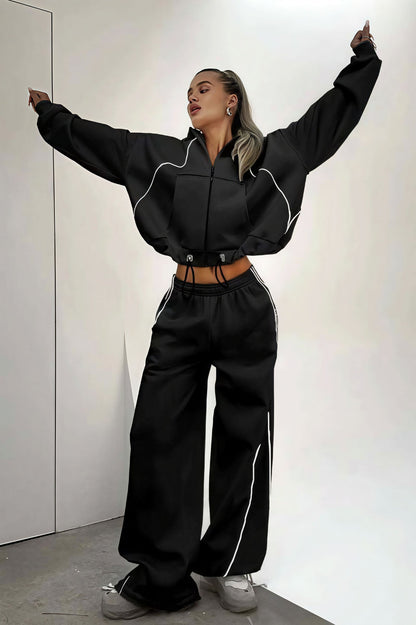Color Block Striped Hooded Zipper Loose Two Piece Set