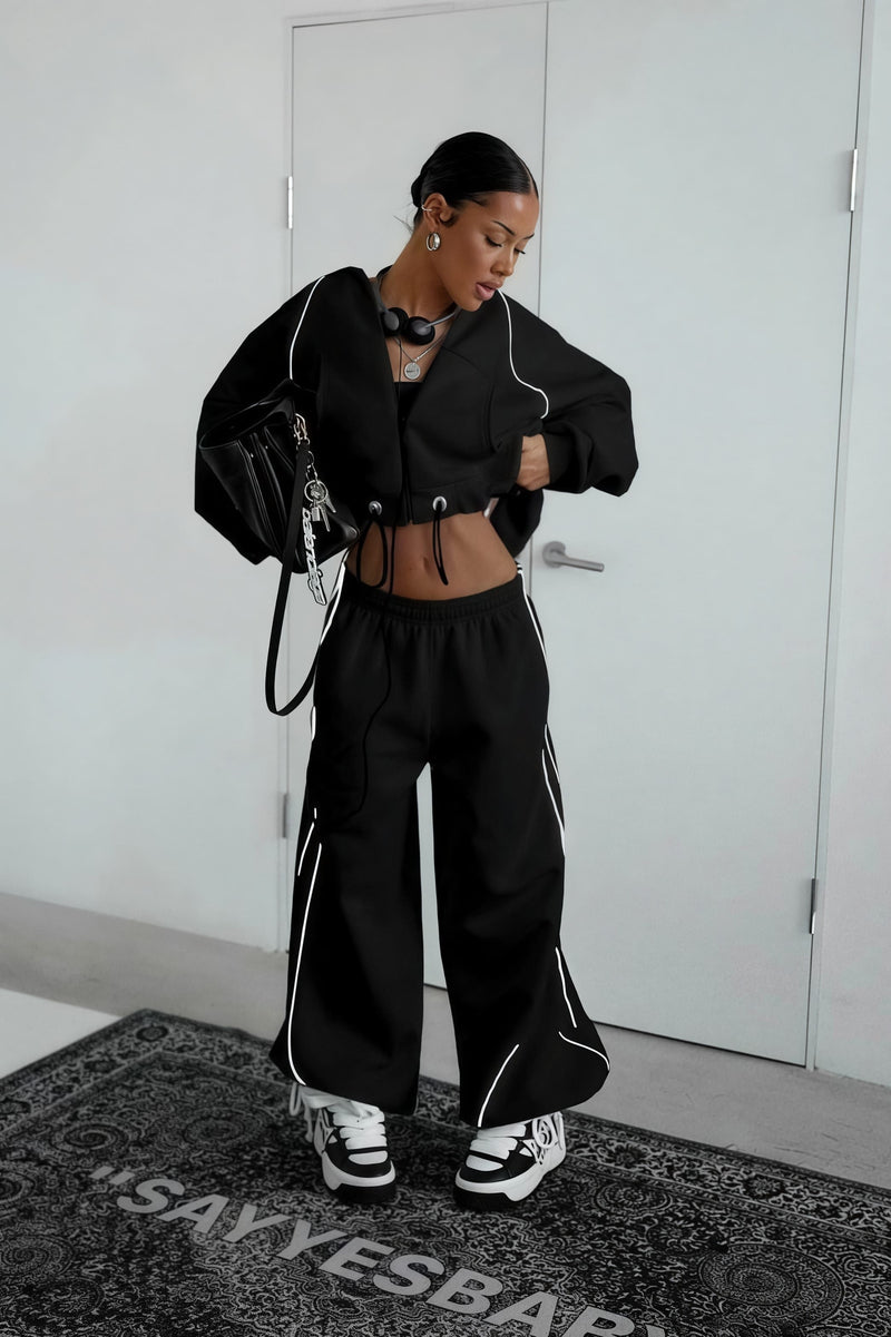 Color Block Striped Hooded Zipper Loose Two Piece Set