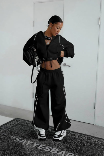 Color Block Striped Hooded Zipper Loose Two Piece Set