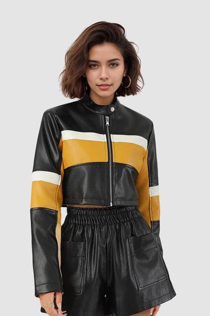 Colorblock PU Cropped Jacket Yellow / S