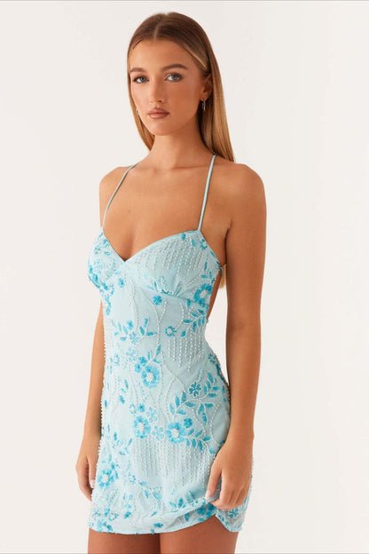 Colorful Beaded Back Tie Cocktail Dress