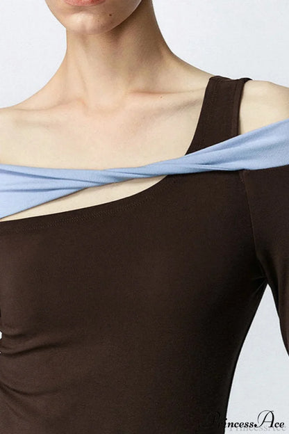 Contrast Color One Shoulder Cutout Slim Long Sleeve Tee