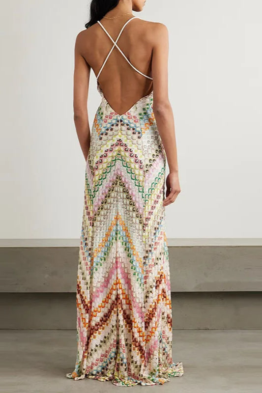 Contrast Color V Neck Boho Dress