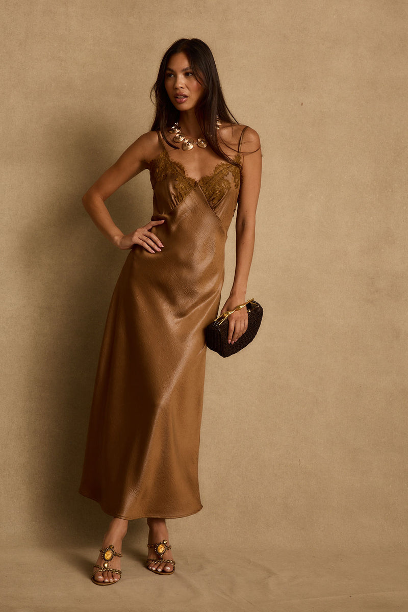 Cordon Bronze Satin Maxi Dress