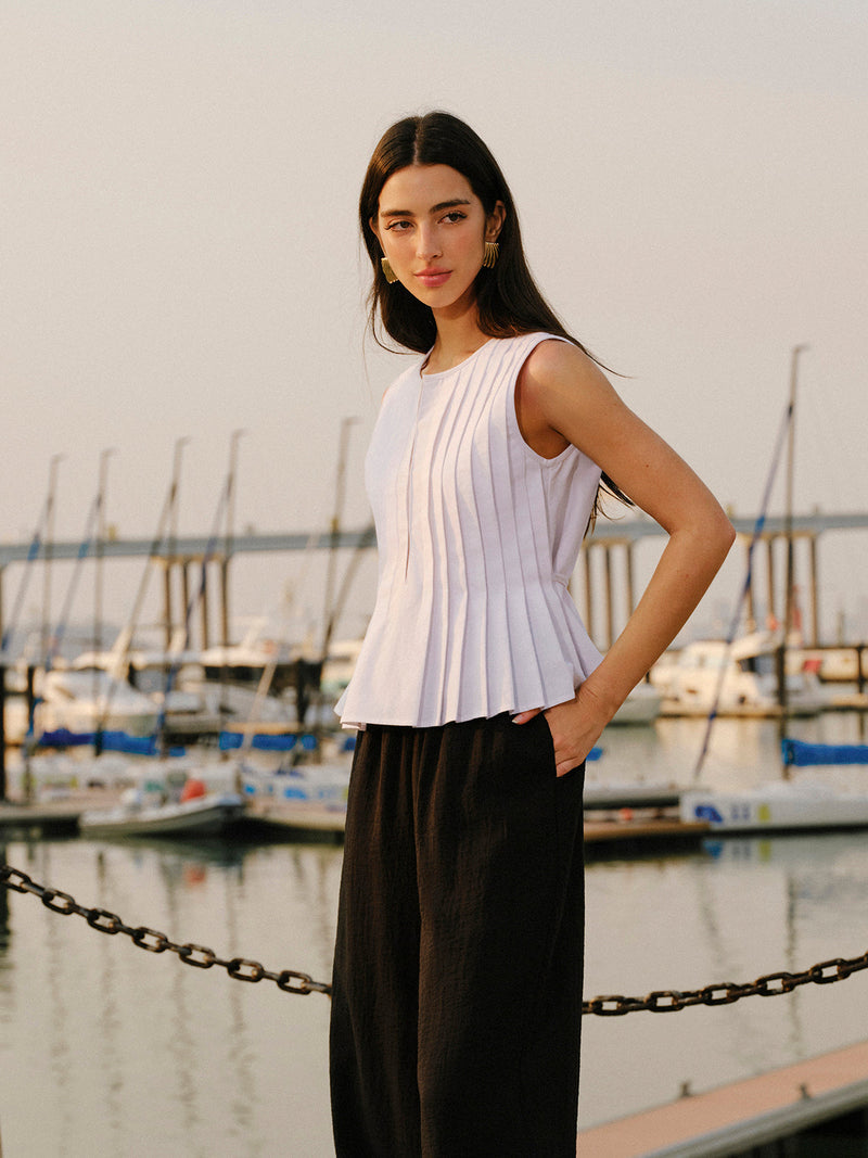 Cotton & Linen Pleated Back Tie Top White / XS Tank Tops & Camis