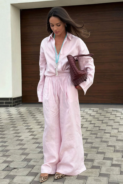 Cotton Loose Long Sleeve Shirt Pants Two Piece Set