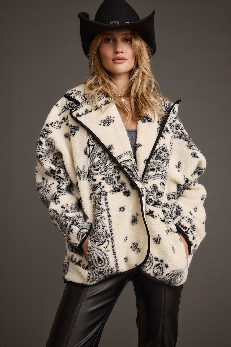Additional view of the Coyote Printed Sherpa Jacket from a different perspective.