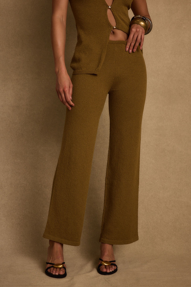 Close-up of the Cresta Moss Knit Pants showcasing the knit texture and craftsmanship.