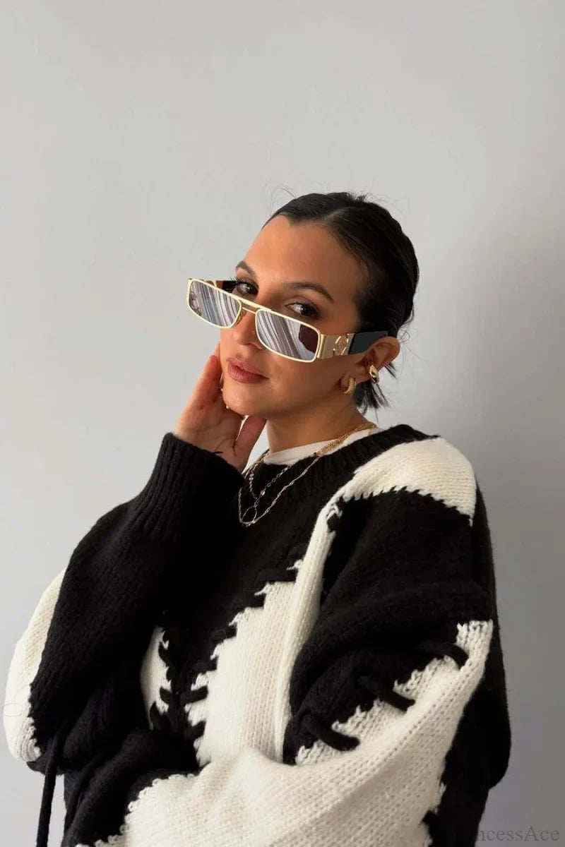 Crew Neck Long Sleeve Contrast Argyle Drawcord Sweater