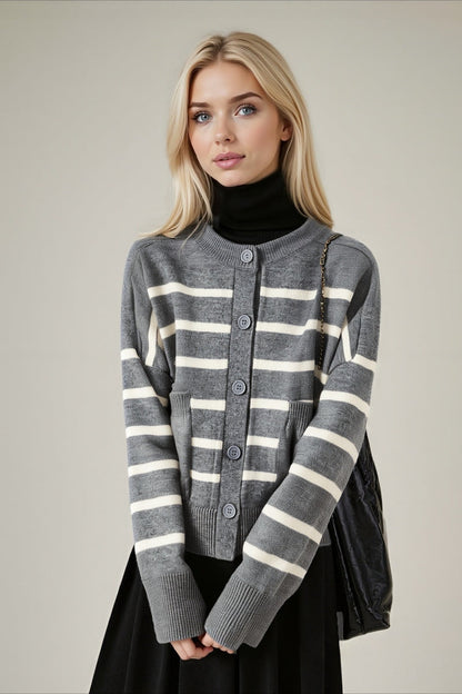 Crew Neck Striped Button Pocket Knit Cardigan