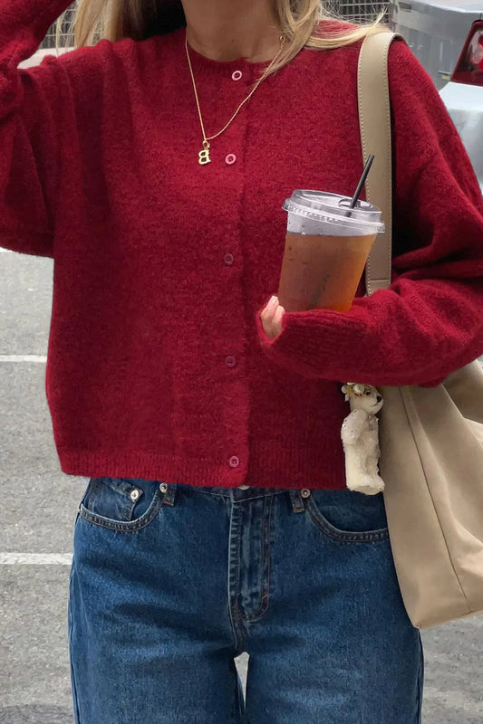 Cropped Knit Button Cardigan Wine red / S