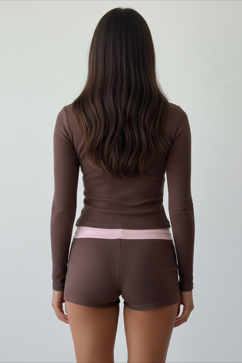 Cross V Neck Contrast Slim Long Sleeve Two Piece Set