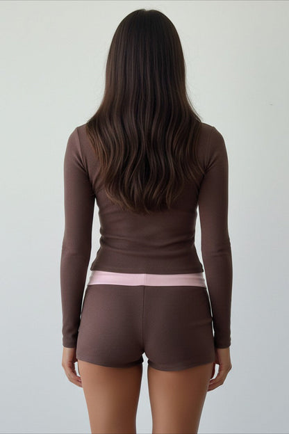 Cross V Neck Contrast Slim Long Sleeve Two Piece Set