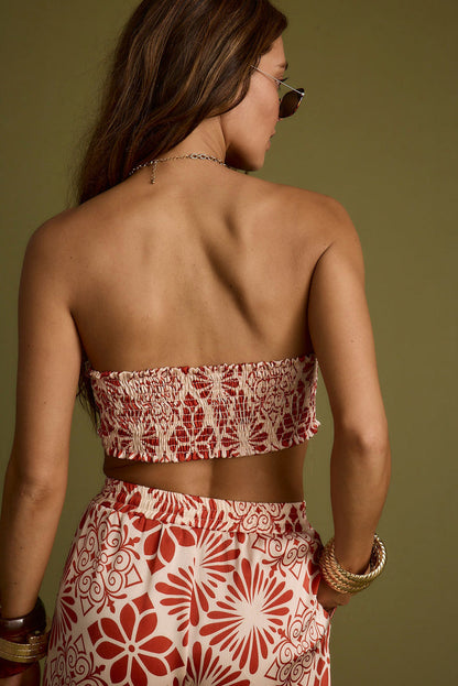 Close-up of the Cubana Rust Satin Bandeau Top showcasing the satin texture and craftsmanship.