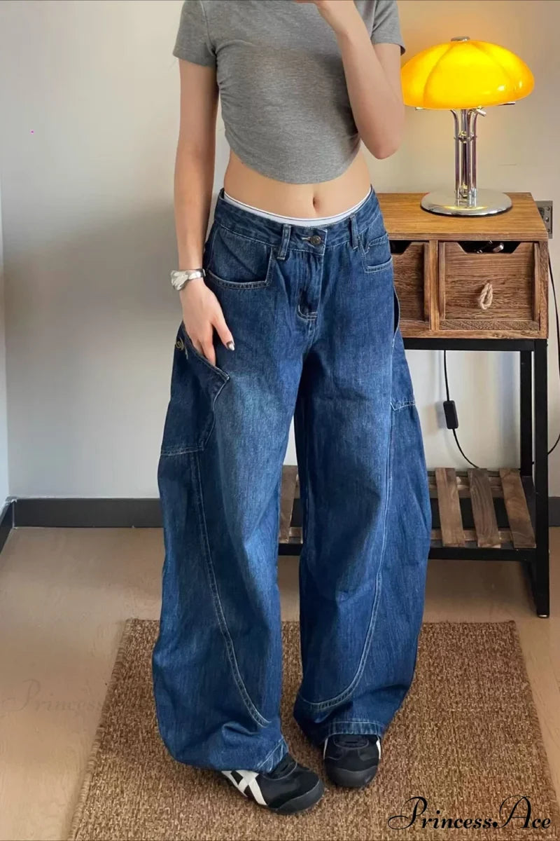 Curved Denim High Waist Loose Cargo Pants Blue / S