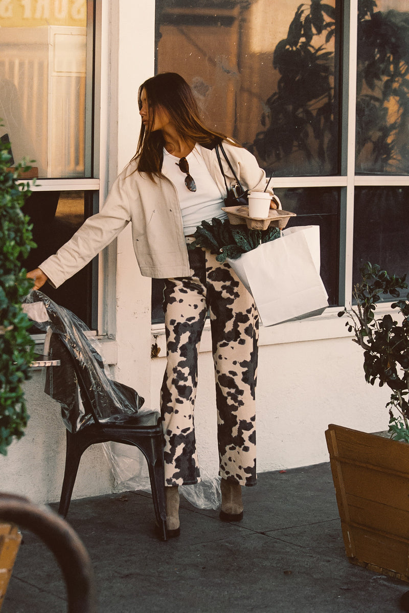 Cypress Light Khaki Cropped Barn Jacket styled in a complete look from an alternate angle.