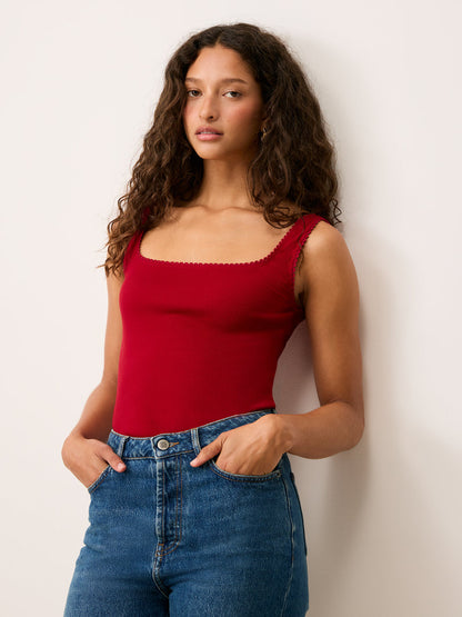 SIAMI red cotton jersey square-neck tank top with crochet border, front view by Rouje