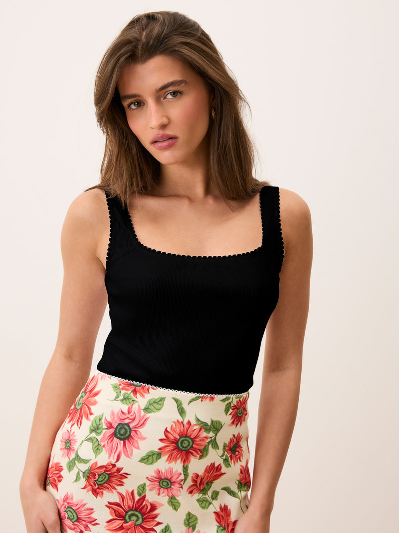 SIAMI black cotton jersey mini-ribbed square-neck tank top, front view by Rouje