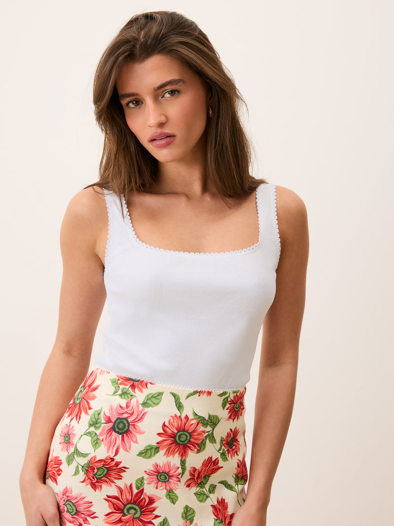 SIAMI white cotton jersey mini-ribbed square-neck tank top, front view by Rouje