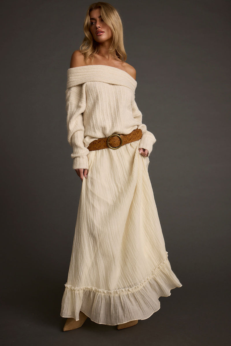 Dahlia Baby Yellow Maxi Skirt styled in a complete look from an alternate angle.