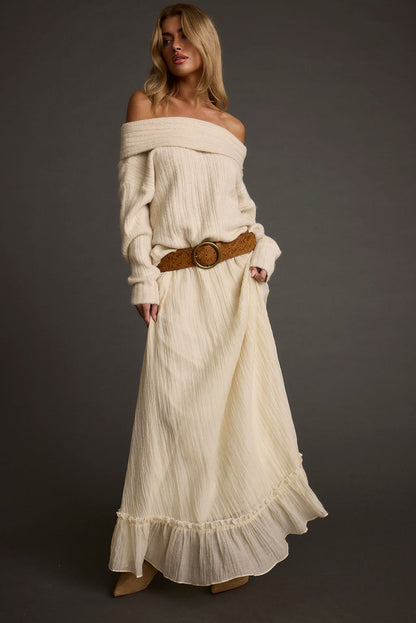 Dahlia Baby Yellow Maxi Skirt styled in a complete look from an alternate angle.