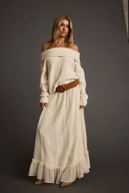 Detail shot of the Dahlia Baby Yellow Maxi Skirt highlighting the design elements.
