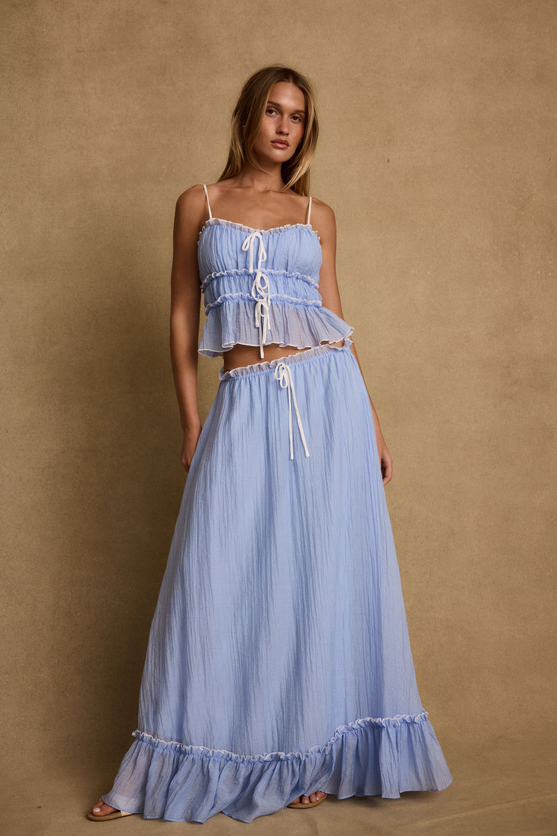 Close-up of the Dahlia Blue Maxi Skirt showcasing the fabric texture and design details.