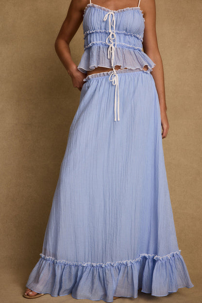 Dahlia Blue Maxi Skirt styled in a complete look from an alternate angle.