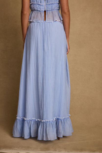 Dahlia Blue Maxi Skirt paired with complementary accessories for a polished look.
