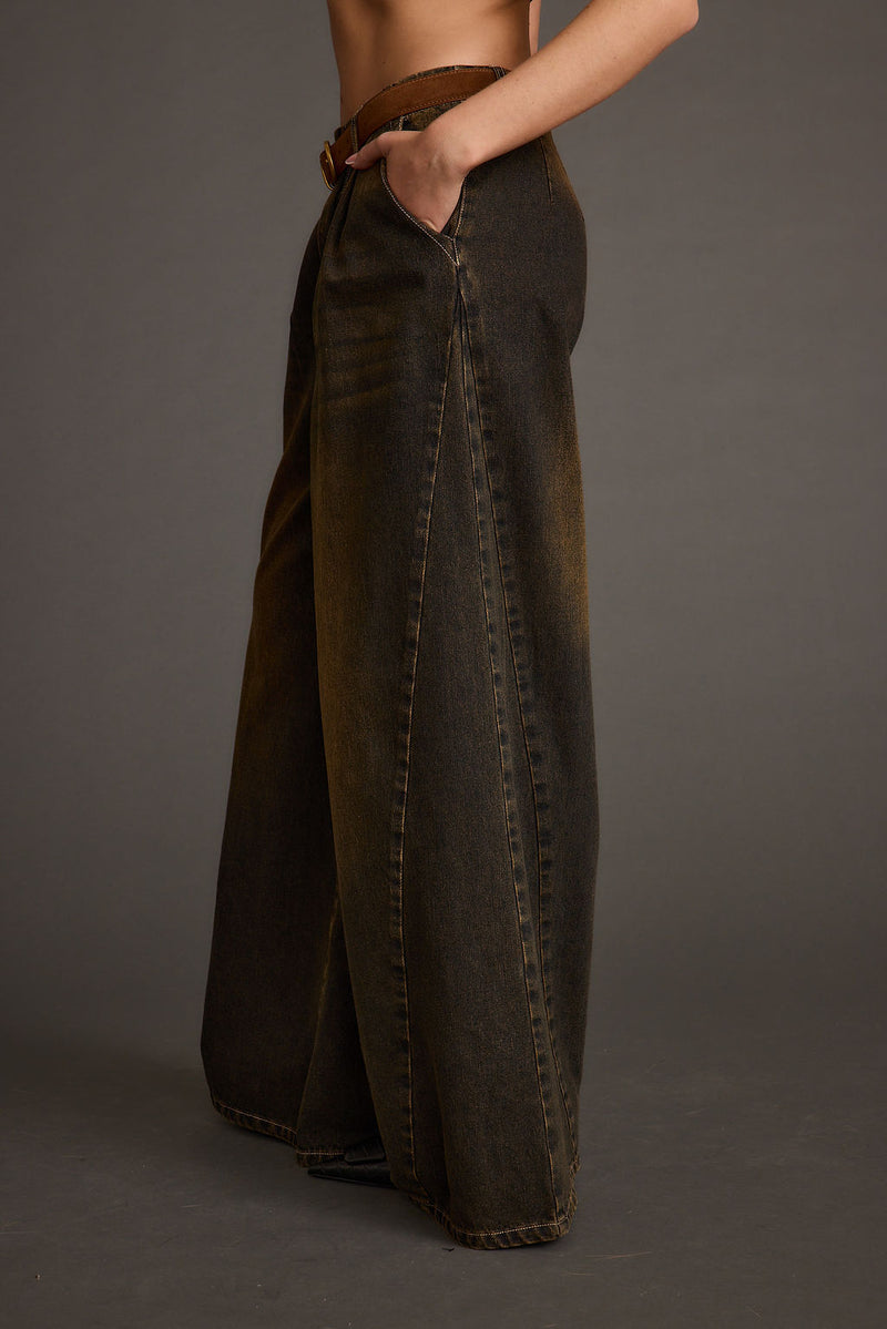 Dakota Washed Black Wide Leg Jeans styled in a complete look from an alternate angle.