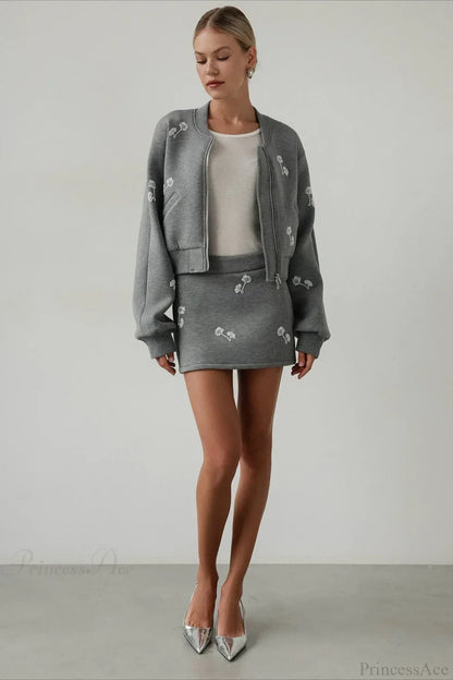 Dandelion Print Sweatshirt Loose Two Piece Set Grey / S