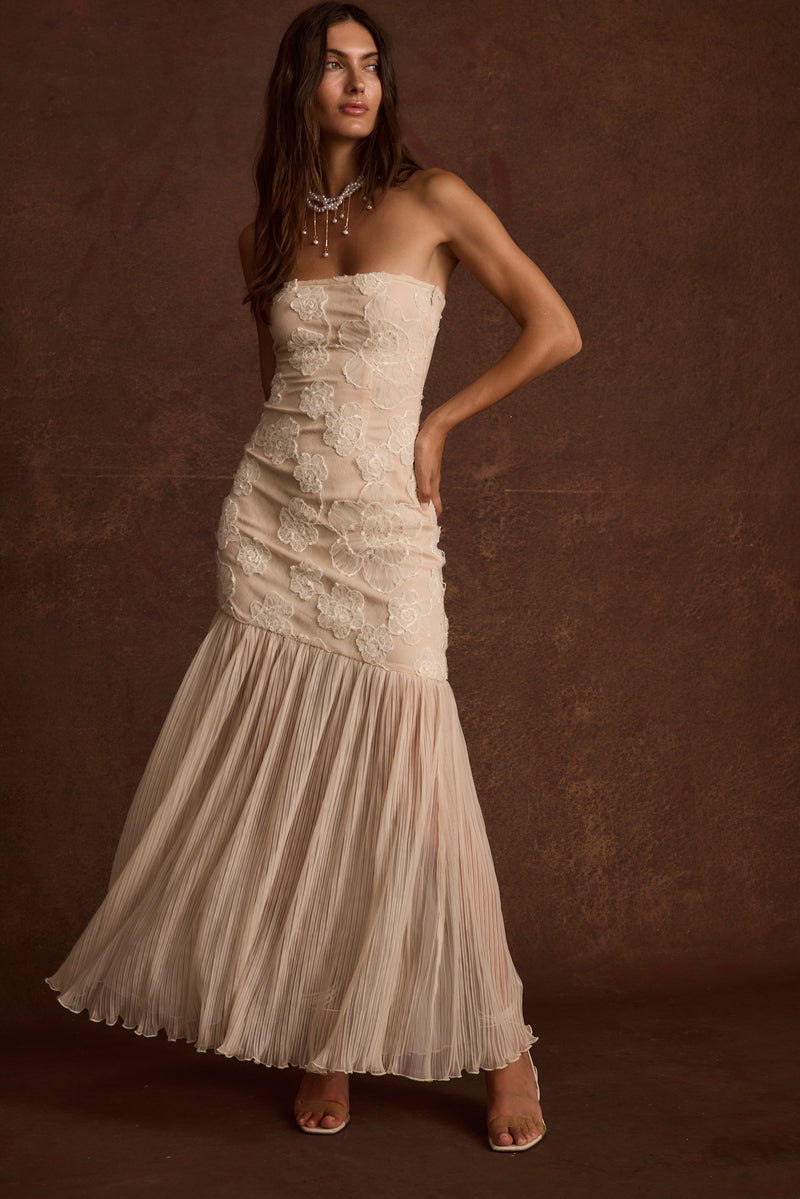 Daylight Blush Embroidered Maxi Dress styled in a complete look from an alternate angle.