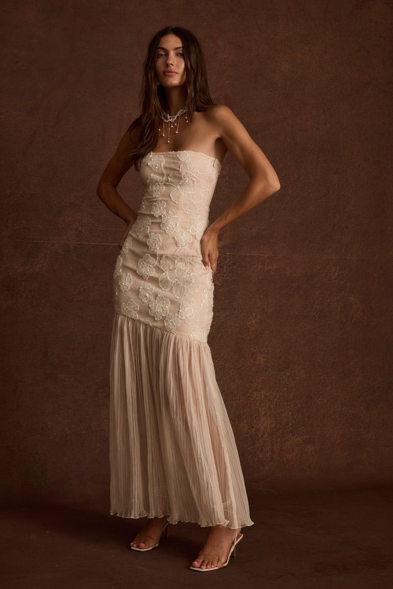 Daylight Blush Embroidered Maxi Dress paired with complementary accessories for a polished look.
