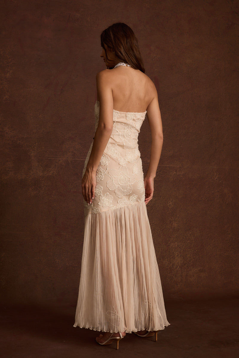 Detail shot of the Daylight Blush Embroidered Maxi Dress highlighting the embroidered elements.