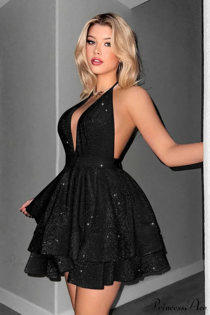 Deep V-Neck Ruffled Fitted Elegant Party Dress Black / XS